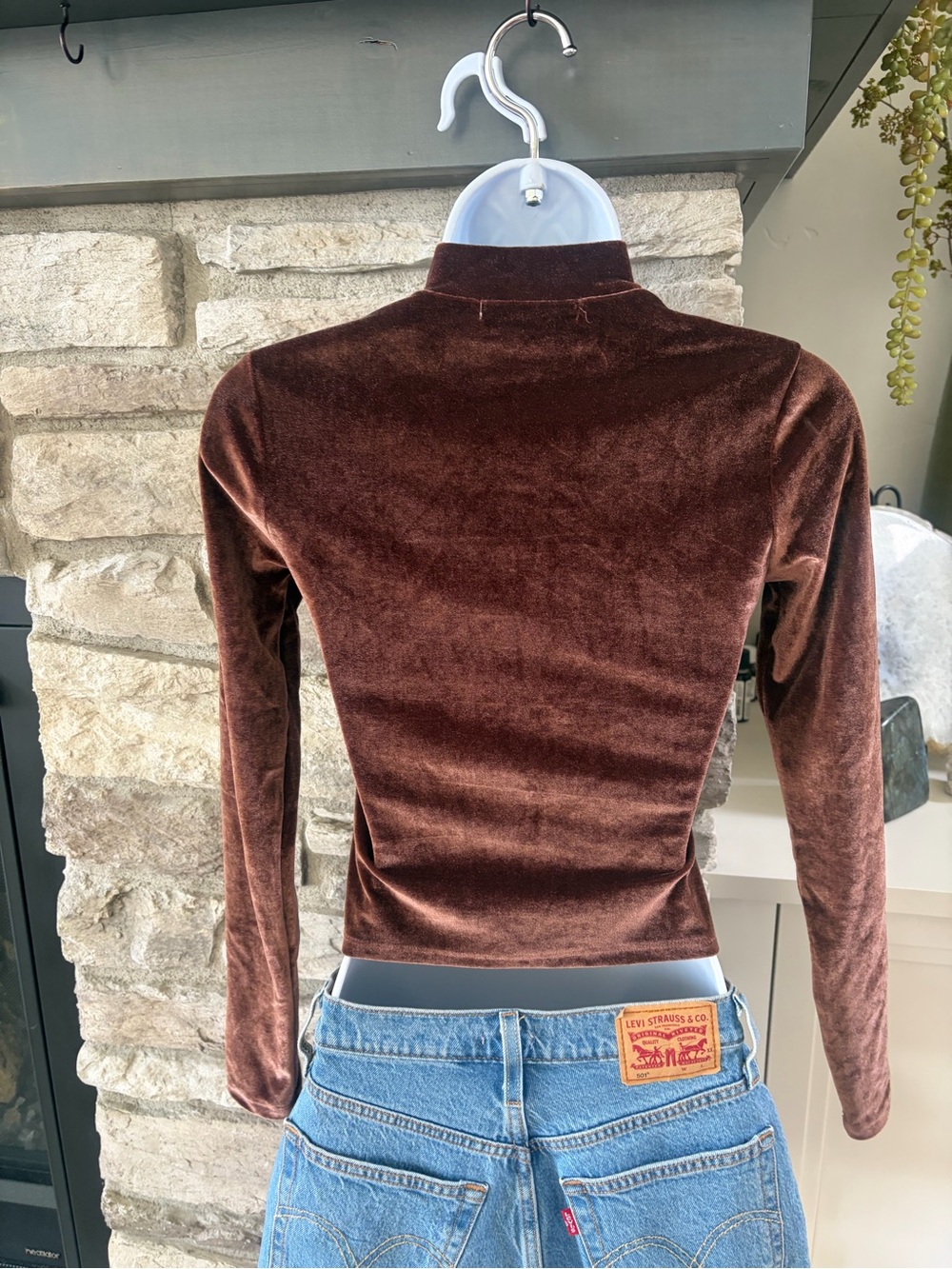 Brown Velvet Drawstring Mock Neck Long Sleeve Top - Picture 2 of 3